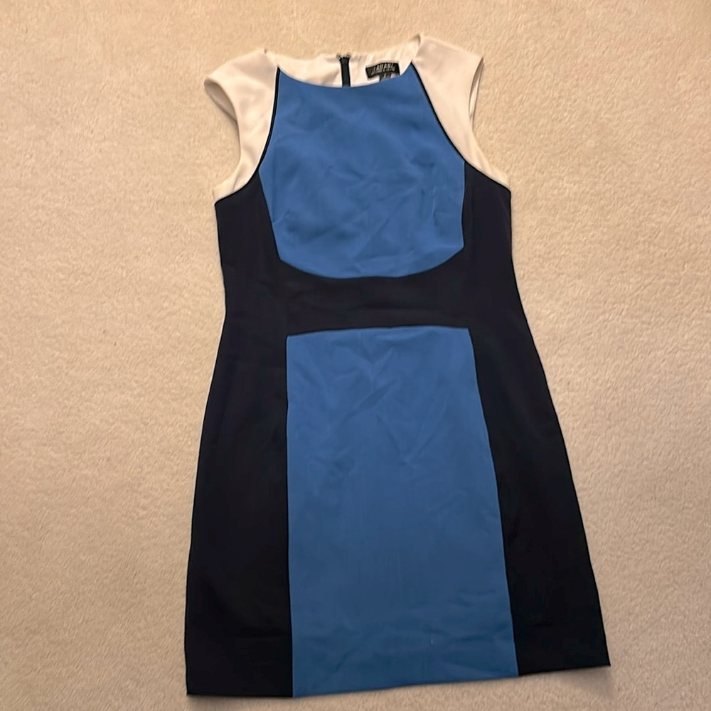 Tamari ASL women mini dress lined polyester color block zipper blue white size 8